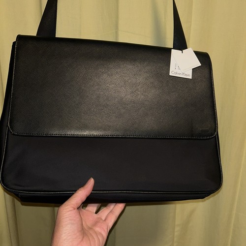 New w/tag CALVIN KLEIN Black Saffinao Leather Briefcase LapTop Organizer $218 - Picture 4 of 11