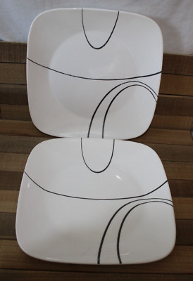 2 Corelle SIMPLE LINES 10 1/2'' Square Dinner Plates, White w/Black Lines