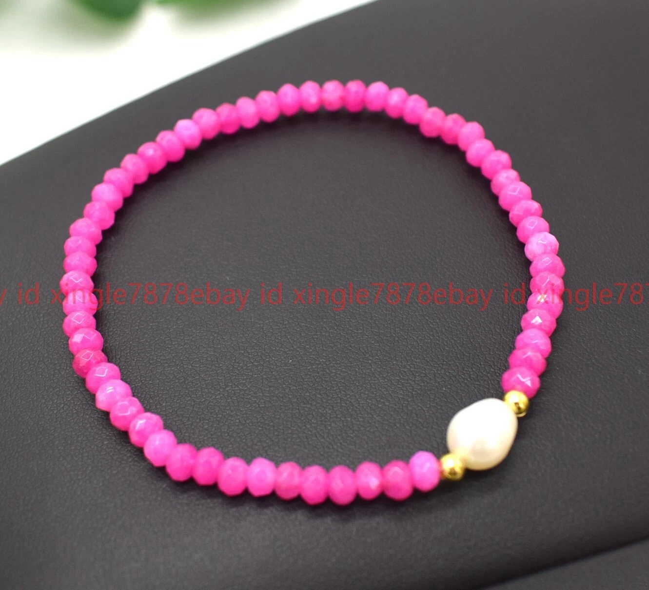 VALENTINO Natural 2x4mm Faceted Rose Red Jade Rondelle Gems Bead White Pearl Bracelet7.5in