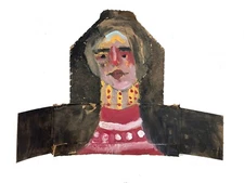 Original Outsider Art Primitive Unique Woman Portrait Painting Torn Cardboard