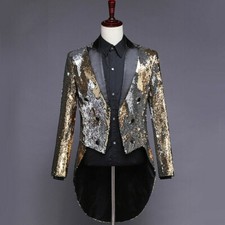 Mens Reversible Two Tone Sequin Suit Jacket Tuxedo Tailcoat Coat Peak Lapel Slim