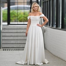 Beach Satin Wedding Dresses Off Shoulder Backless Pleated Pockets Bridal Gowns