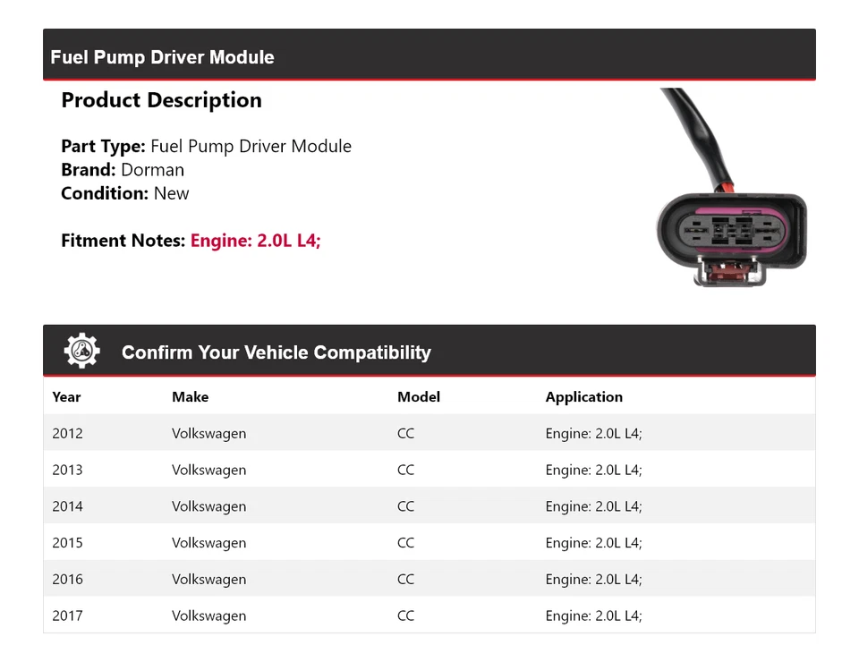 Módulo driver bomba de combustível 2013 2014 para 2012-2017 Volkswagen CC 2.0L L4 Dorman - Imagem 2 de 4