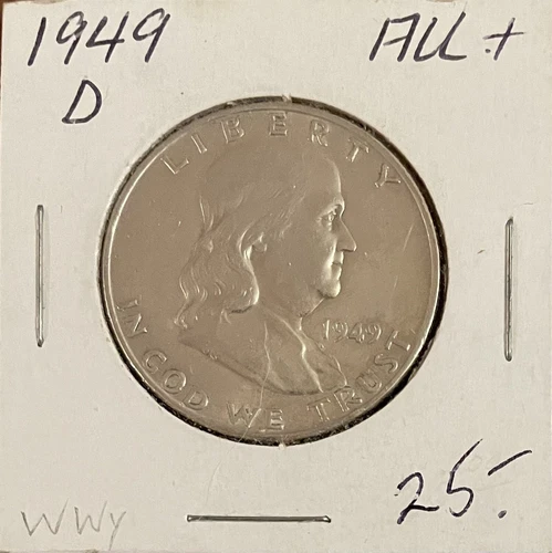 1949 D Benjamin Franklin Half Dollar 90% Silver - AU+