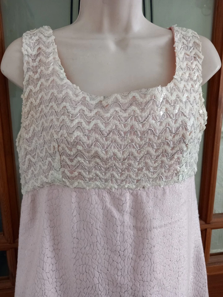 Vtg 60s Sequin Lame Pink A-line Maxi Dress Evening Prom Size 10 12 Hollywood  - Image 3 of 4