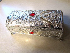 Pandora's Ornate Classic Jewelry Box Silver Red Stones Velvet Lined Collectable