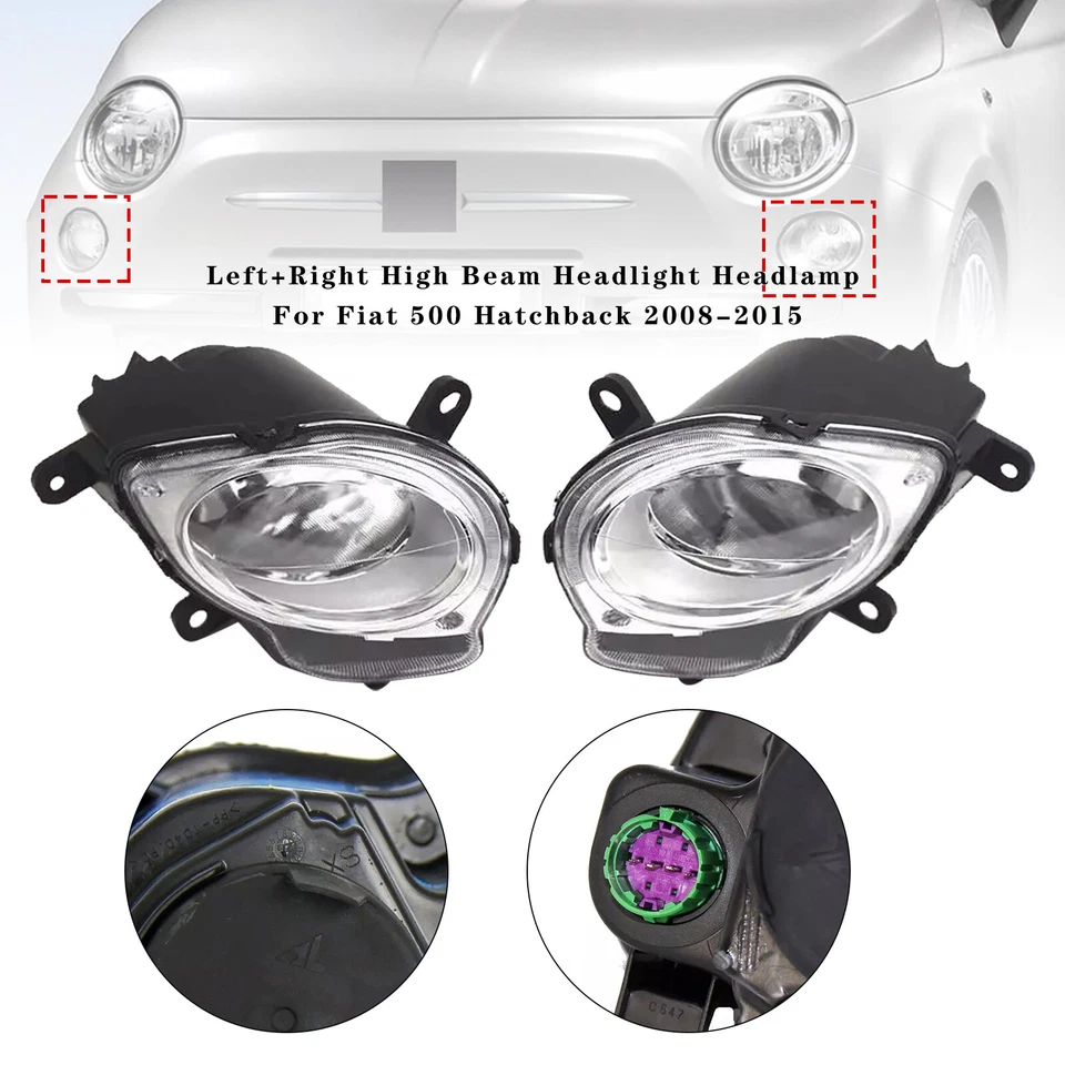Left+Right High Beam Headlight Headlamp For Fiat 500 Hatchback 2008-2015 - image 2 of 4