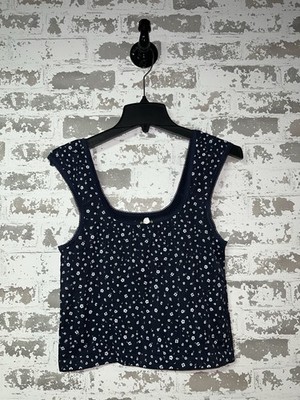 NEW! Hippie Rose Floral Print Thick Strap Crop Tank Top Size Large - Blue