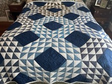 Vintage Handmade quilt Blue White Ocean Waves Cotton Queen