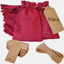 50PCS 5 x 7 Inch Burlap Gift Bags With Drawstring and Bonus Gift Tags for Wed...