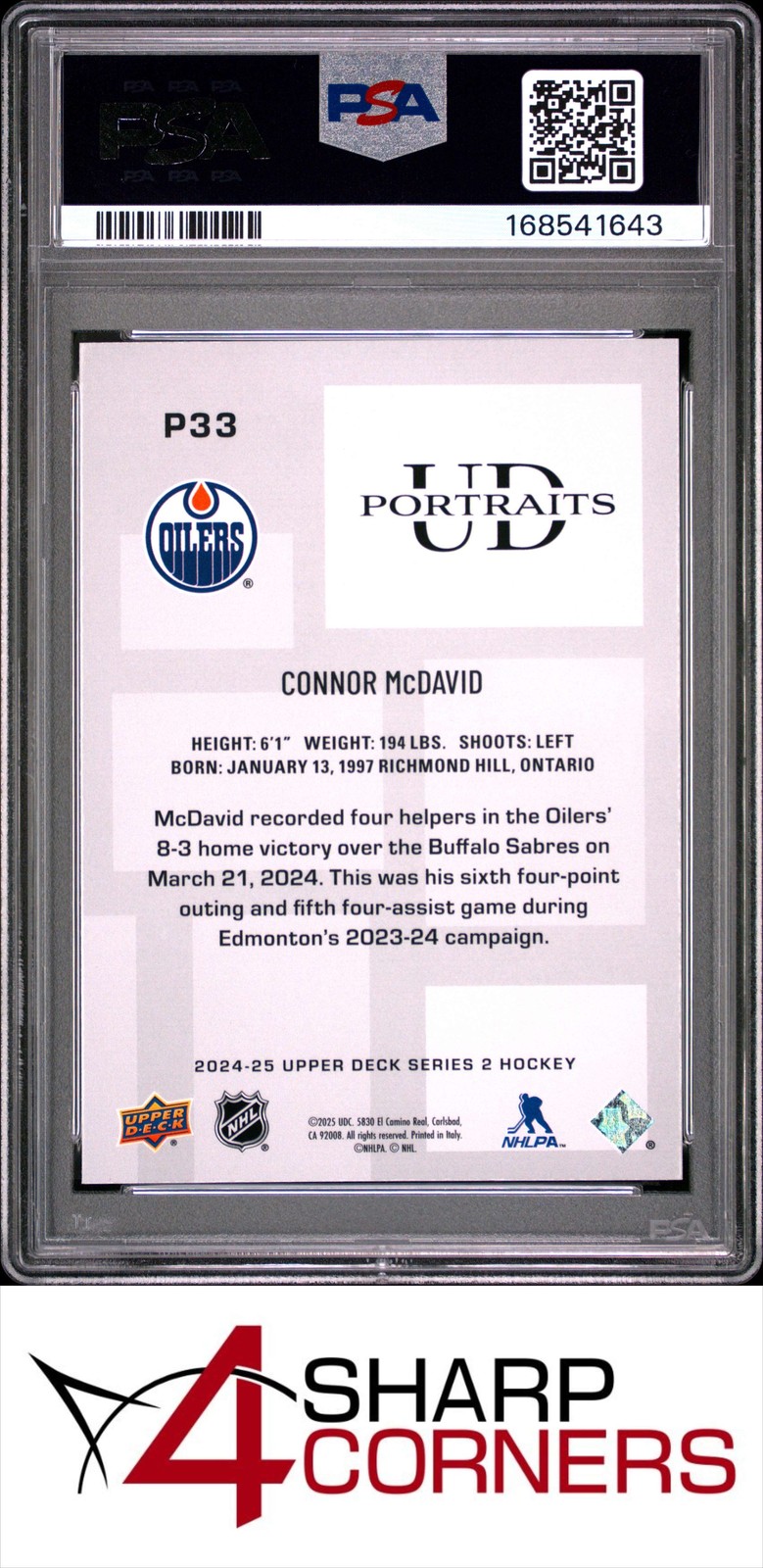 2024 UPPER DECK UD PORTRAITS #P33 CONNOR McDAVID PSA 9 view 2