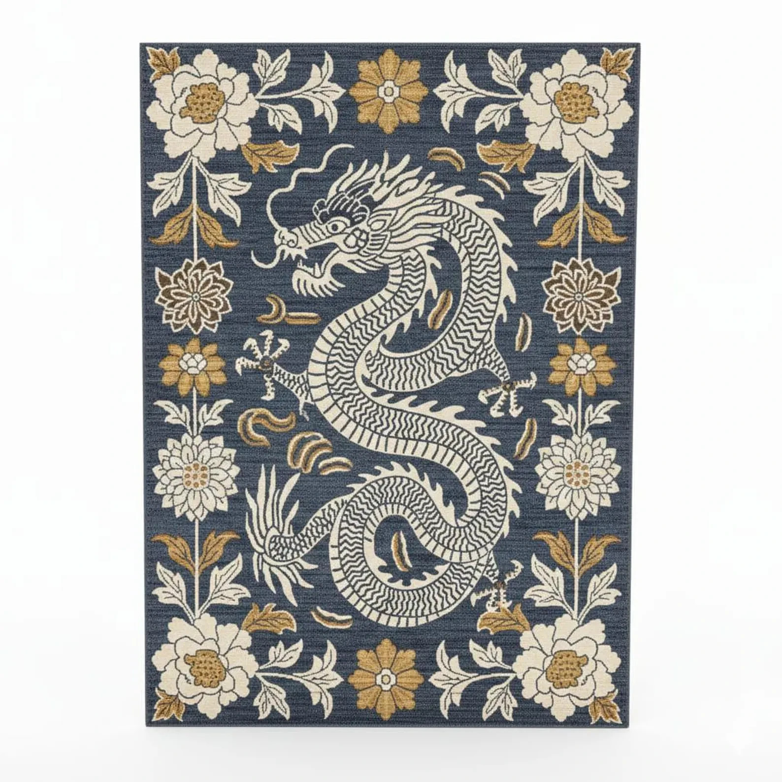 Hand Tufted Blue Floral Oriental Area Rug - Asian Chinese Dragon Wool Carpet Rug