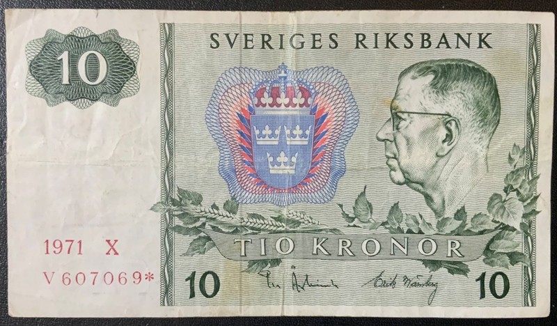 1971 SWEDEN PAPER MONEY - 10 KRONOR BANKNOTE!