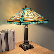 Tiffany Lamp Stained Glass Table Lamp 2-Light 16X16X24 Inches Amber Green Missio