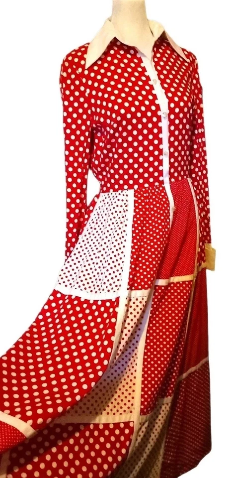 Maxi Vestido De Colección Años 70 Polkadot Ajuste A Acampanado con Cuello Daga y Puños Anchos Franceses S Foto 3 de 4