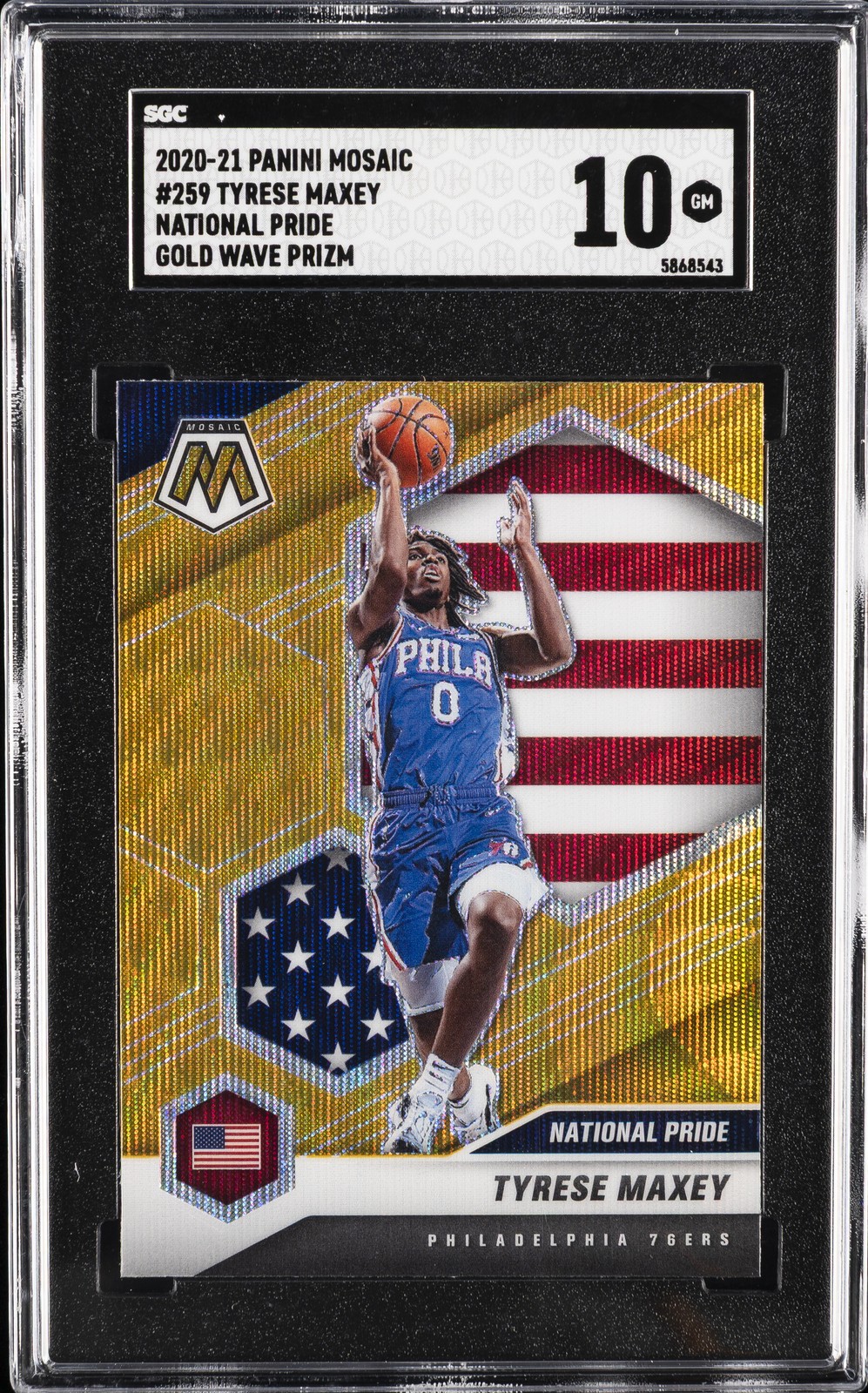 2020-21 PANINI MOSAIC NAT PRIDE GOLD WAVE PRIZM #259 TYRESE MAXEY SGC 10 GM