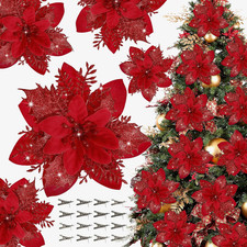 16 PCS Poinsettia Flower Artificial Poinsettias with Clips Christmas Decor Glitt