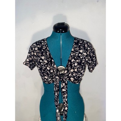 SHEIN Black Floral Tie Front Wrap Crop Top Baby Tee Y2K Coquette Cottagecore XS