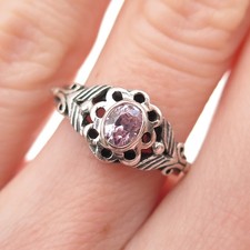 925 Sterling Silver Vintage Lavender C Z Floral Oxidized Ring Size 5.25
