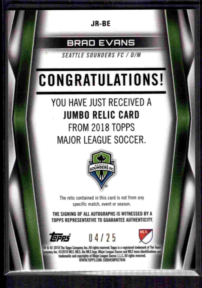 2018 Topps MLS Jumbo Relics auto 4/25! Brad Evans Seattle Sounders - Image 2 of 2