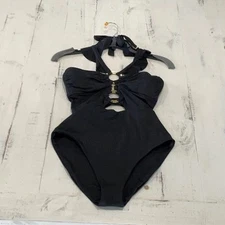 Soluna Swim Black Halter One Piece Swimsuit Gold Ring Cutout Monokini