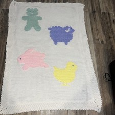 Vintage Crocheted Teddy Bear Baby Blanket pink blue white Handmade 1985-90