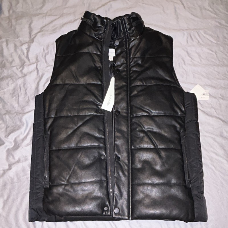 Calvin Klein Men’s Black Faux Leather Puffer Vest Size M Full Zip Stand-Up