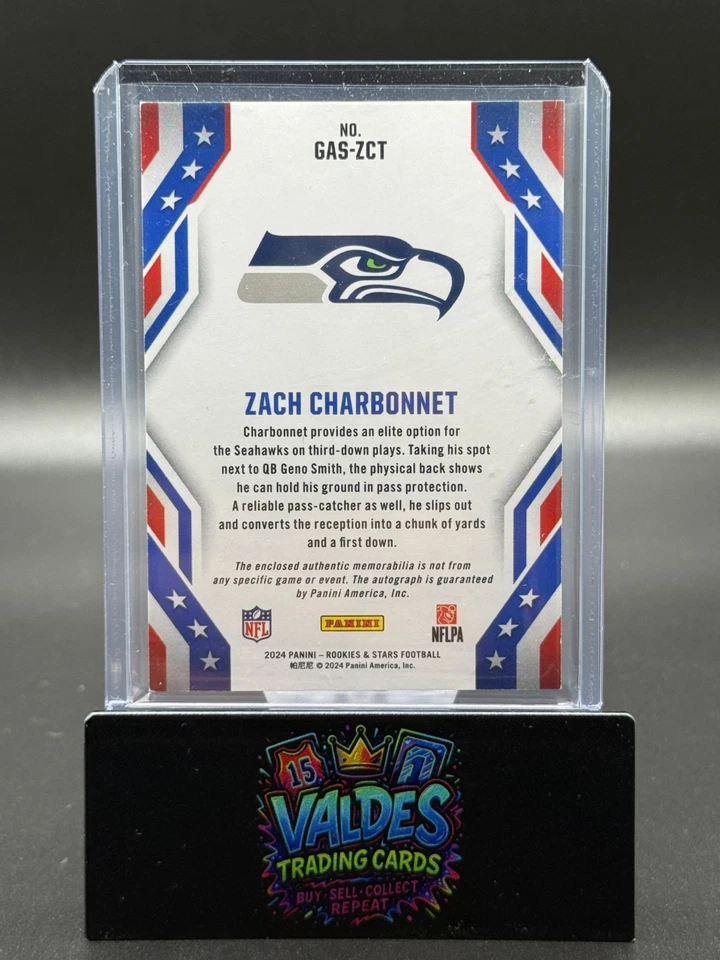 Zach Charbonnet 2024 Rookies & Stars Auto Patch /25 SSP Seahawks 3-Color RC - Image 2 of 2