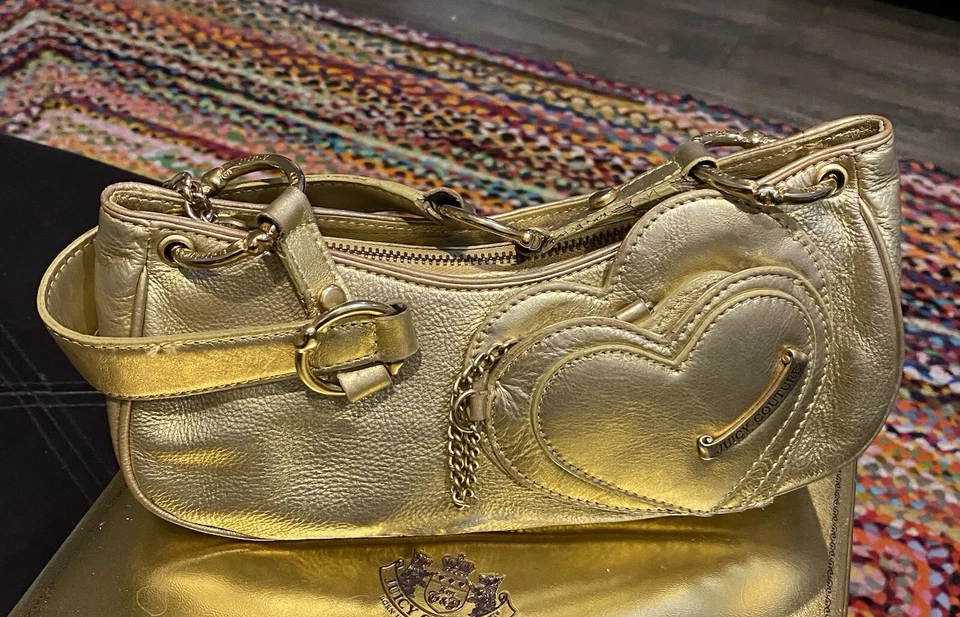 Juicy Couture Vintage Y2K METALLIC Leather Mini Big Hearts Bag Purse Gold - Image 2 of 4