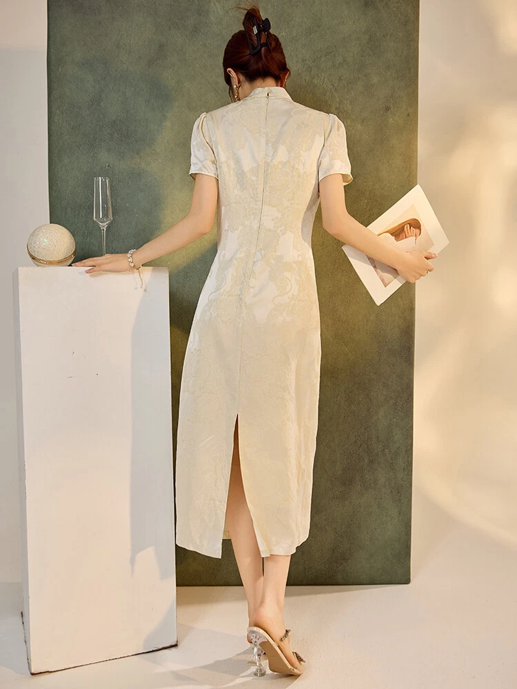 OFF WHITE Gonna lunga stile cinese seta Cheongsam donna ricamo stand colletto abiti