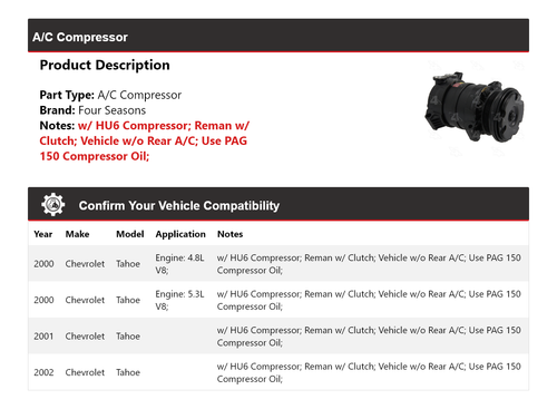 For 2000-2002 Chevrolet Tahoe A/C Compressor 4 Seasons 2001 - Picture 2 of 9