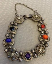 Vintage Slide Bracelet Multicolor Jeweled Victorian Revival Silverplate Gems 7"