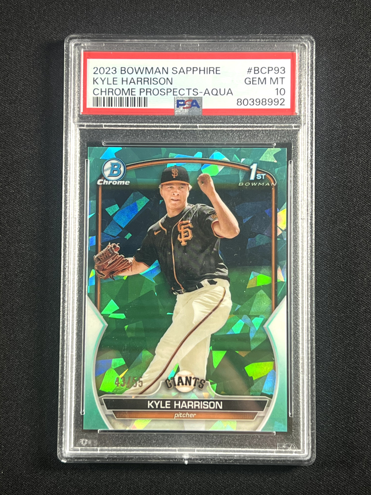 2023 Bowman Chrome Sapphire Kyle Harrison BCP-93 Aqua Refractor SP /55 PSA 10