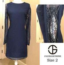 JS Collections Navy Beaded Sleeves Chiffon Dress NWT Size2