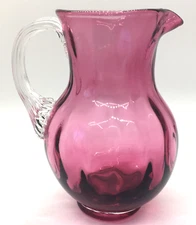 Pilgrim Small Cranberry Swirl Glass Pitcher Clear Ribbed Handle 4 3/4 IN 1960s
