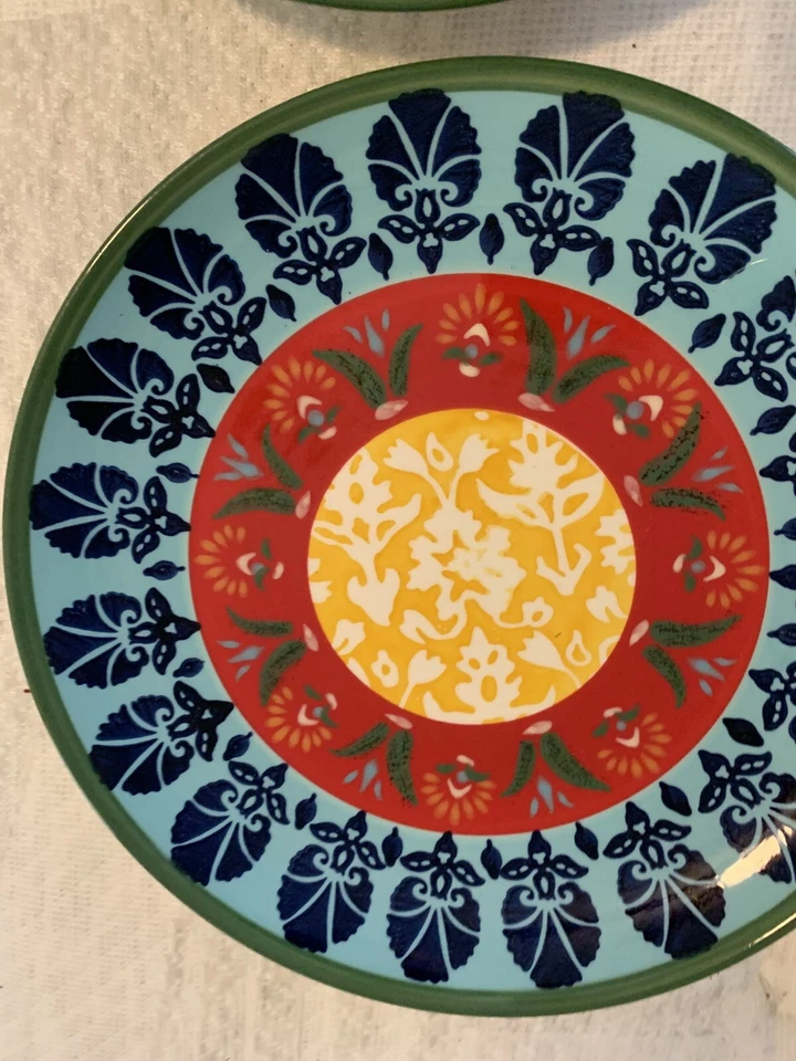 Juego de 4 platos de ensalada Pottery Barn Rosalita verde oscuro turquesa dorado rojo Preppy Foto 2 de 4