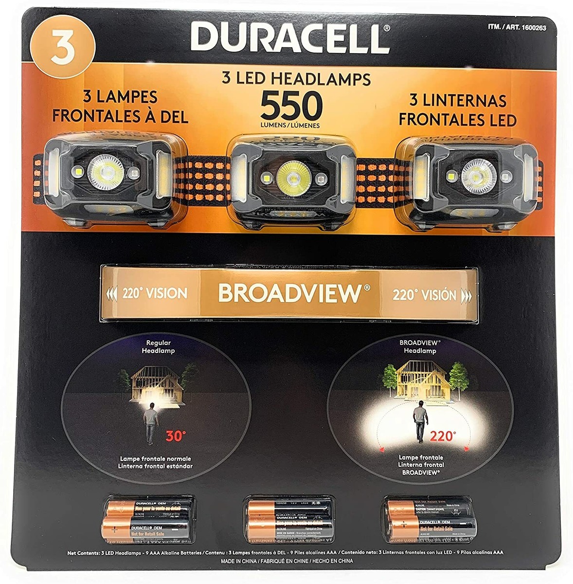 Duracell 550 Lumens LED Broadview Headlamps Headlights 3 Pack + 9