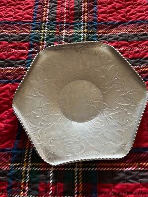 hand forged hammerealuminum platter, etched with pears, strawberries and flower
