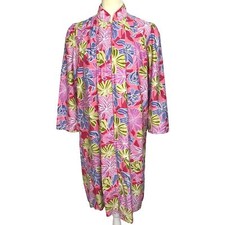 Vintage David Brown Caftan Medium Floral I.Magnin House Coat Zip Robe 80s RARE