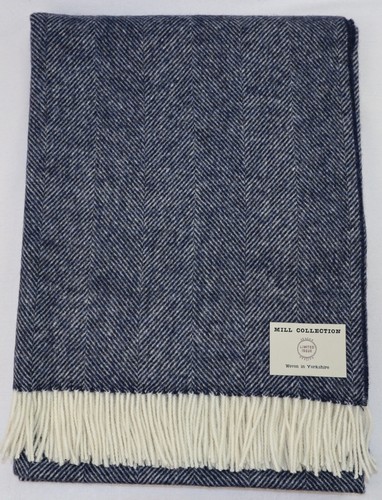 New Bronte by Moon Navy Blue Herringbone 100% Pure New Wool Throw Blanket