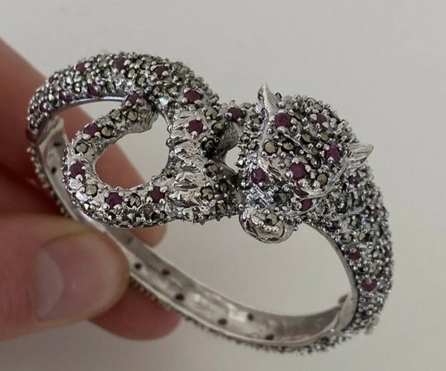 Designer Sterling Silver Leopard Panther Marcasite & Real Ruby Bracelet Bangle S - Picture 3 of 13