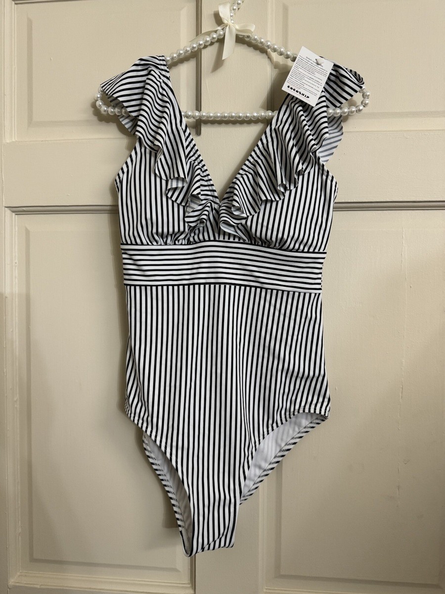 COCOSHIP Women One Piece Black White Stripe V Neck Ruffled NWT