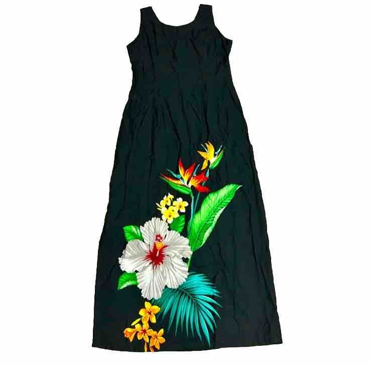 Vintage Jade Fashions Tropical Hawaiian Black Floral Maxi Dress Size Medium