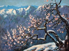 Beautiful Oil painting Plum flower in winter mountains landscape canvas