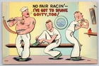Postcard WW2 Era Military Humor Sailors Shaving Girl Tattoo On Chest Linen  AH4