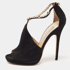 Jimmy Choo Black Suede Crystal Embellished Ankle Strap Sandals Size 40