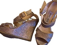 Jimmy Choo Multicolor Metallic Glitter Wedge Sandals Crossover Strap Design 5.5