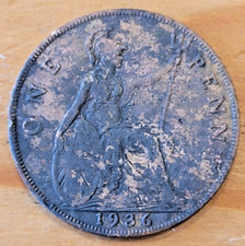 1936 King George V Penny 1d coin - Good F