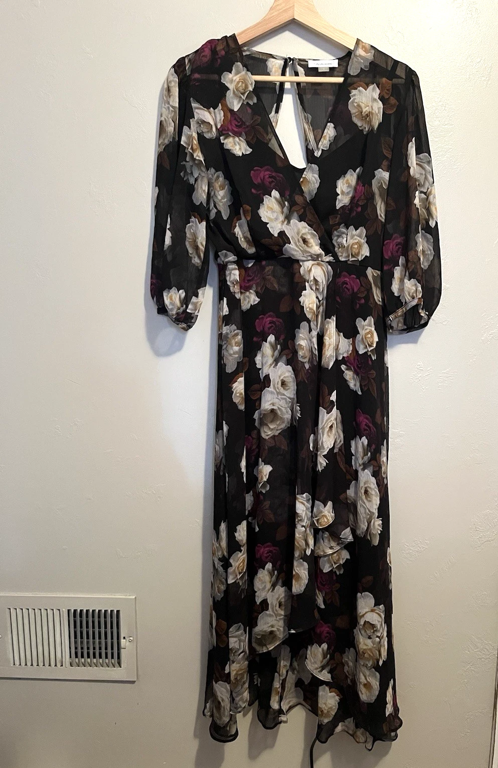 VETEMENTS Abito Calvin Klein nero floreale alto basso finto avvolgente foderato zip taglio schiena taglia 6