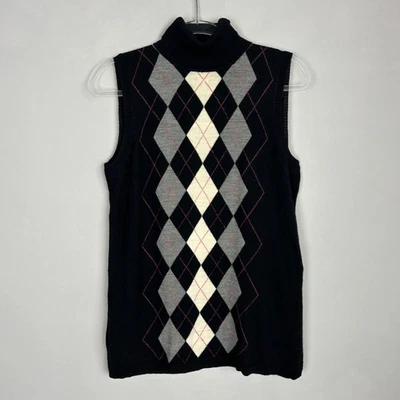 Tweeds women size L sweater vest turtleneck Merino wool black argyle waist tie - Image 1 of 4